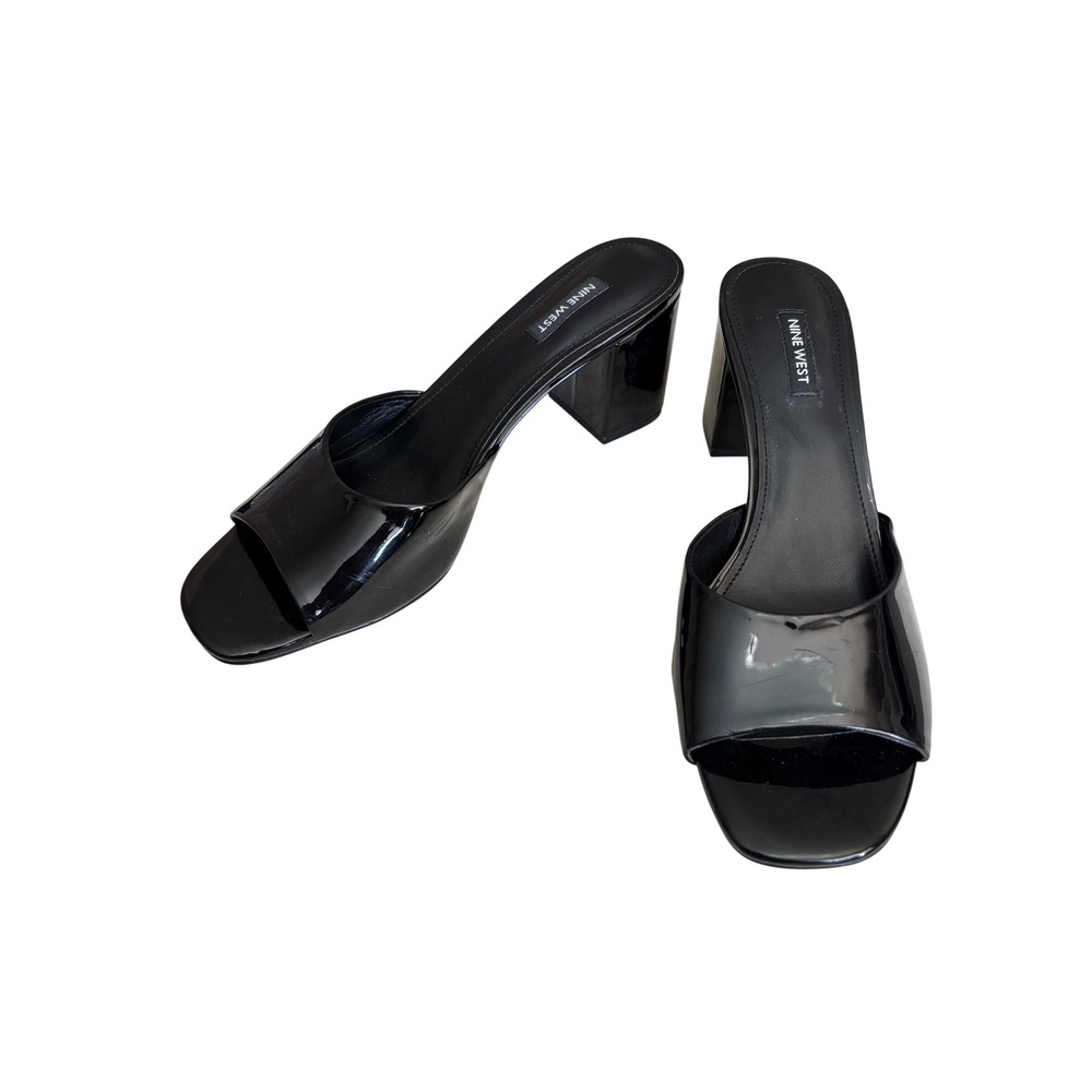 Nine West Black Patent Leather Block Heel Slide Sandals Mules Square Toe Size 10 - Picture 2 of 7